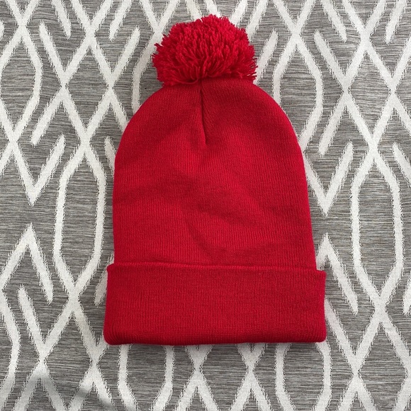 Beanie Red Knit with Pom Pom - Picture 2 of 2